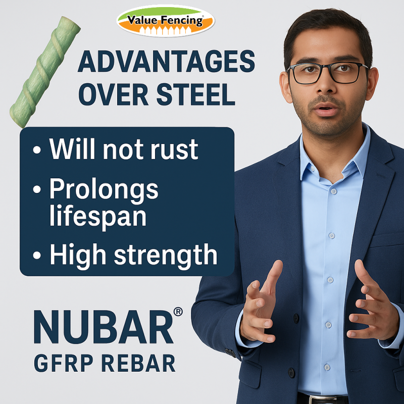 value fencing174 uses nubar174 gfrp rebar instead of steel for reinforced concrete filled posts why because it wont rust is lighter has higher tensile strength is non conductive and lasts for decades especially in coastal environments a smarter sustainable choice for modern fencing foundations
