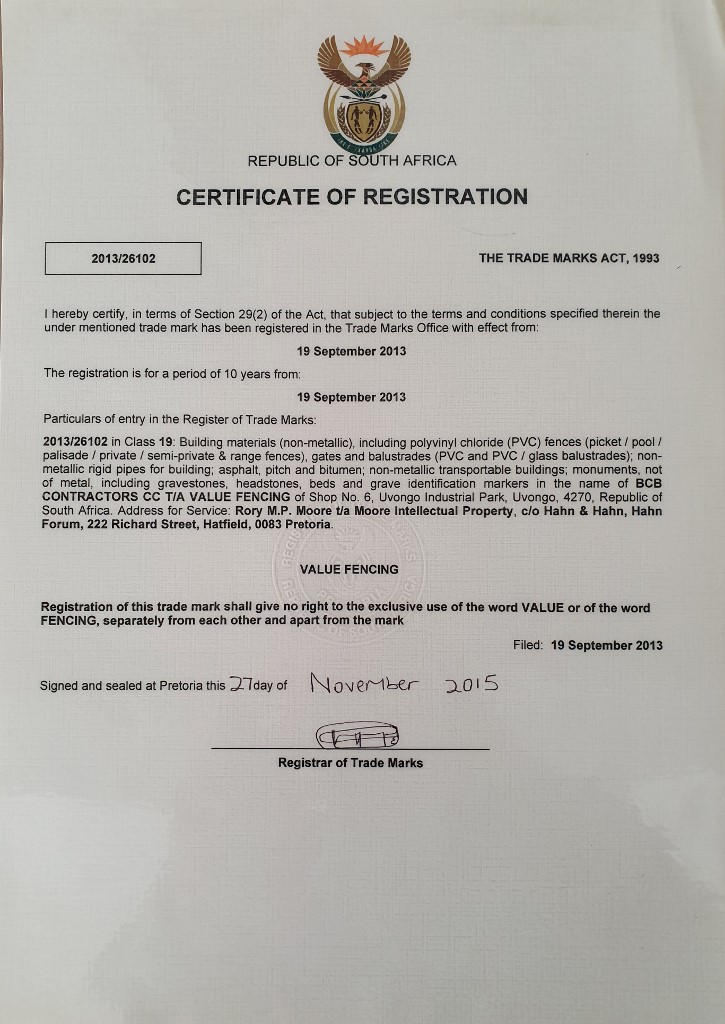 trademark trade amrk trade name registered certified value fencing pvc fracnhsie group