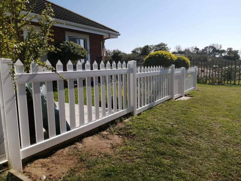 white pvc picket fence & gate, standard 1m high, stepped installation