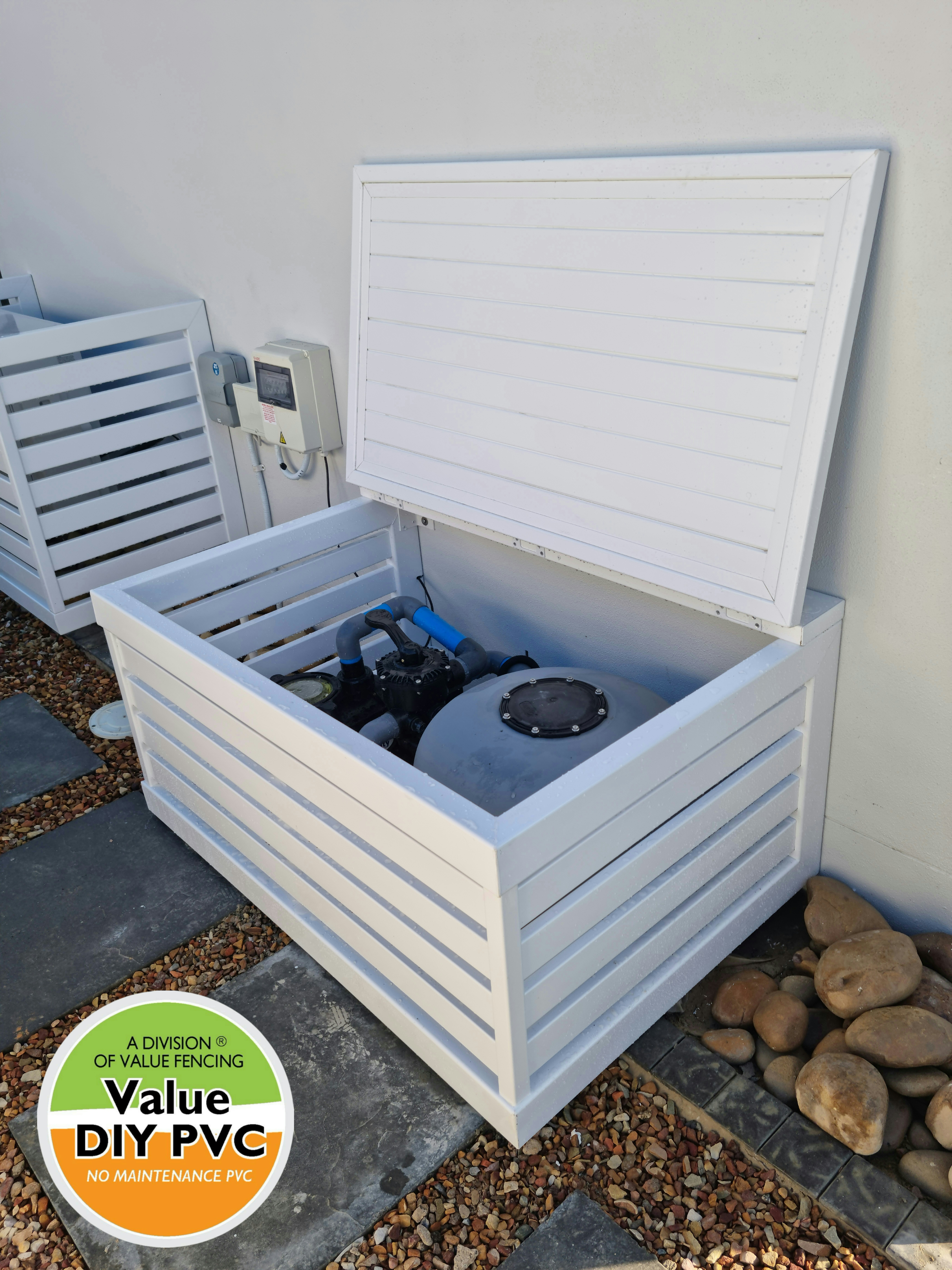 pvc pool pump housing closed landscape install