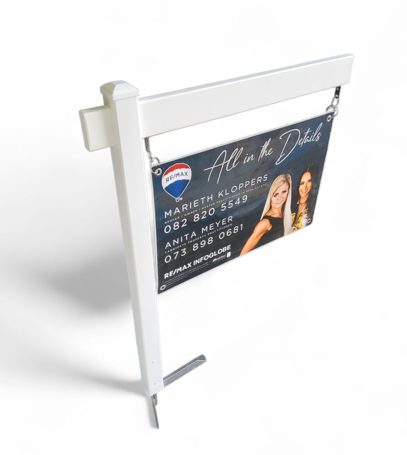 upvc horizontal estate agent sign board hanger with sculpted caps white